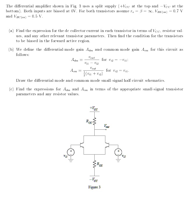 SOLVED: The differential amplifier shown in Fig. 3 uses a split supply ...