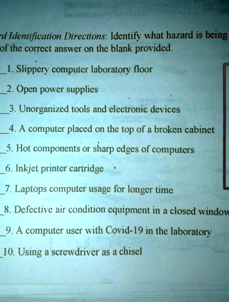 SOLVED a tripping/slipping hazards c chemical hazards e Ergonomics