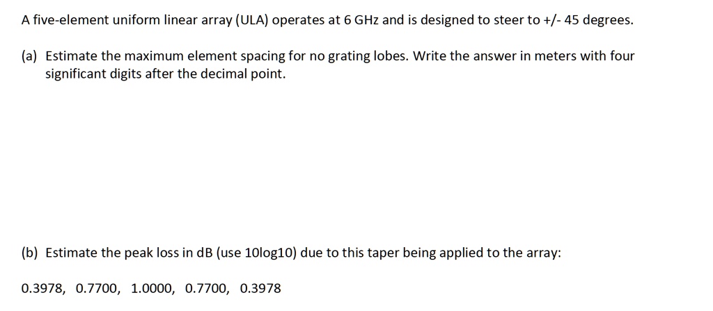 SOLVED: A five-element uniform linear array (ULA) operates at 6 GHz and ...