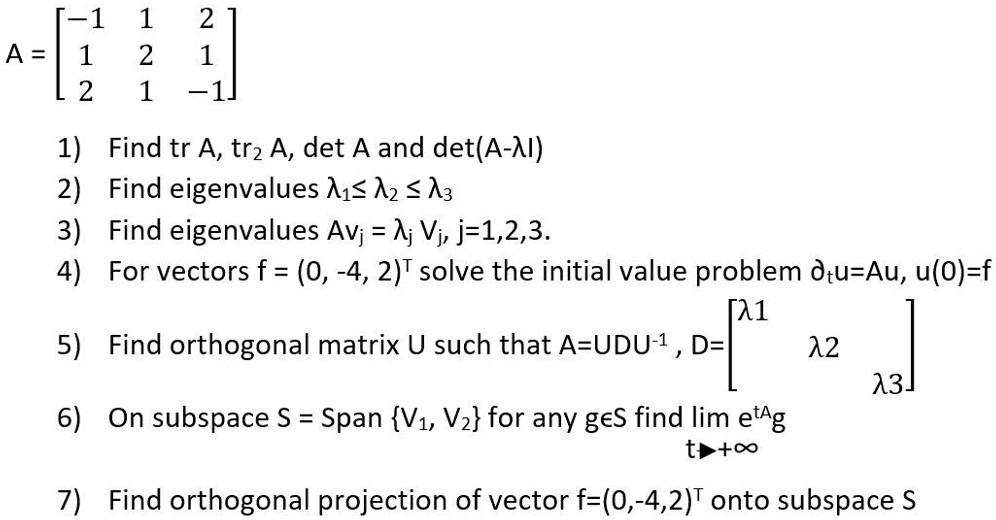 A = [-1 1 2; 1 2 1; 2 1 -1]

1) Find tr A, tr2 A, det A and det(A-? I)
2) Find eigenvalues ?1 ? ?2 ? ?3
3) Find eigenvectors Avj = ?j Vj, j=1,2,3.
4) For vectors f = (0, -4, 2)T solve the initial value problem ?tu=Au, u(0)=f
5) Find orthogonal matrix U such that A=UDU-1, D=[?1 0 0; 0 ?2 0; 0 0 ?3]
6) On subspace S = Span V1, V2 for any g?S find lim etAg as t?+?
7) Find orthogonal projection of vector f=(0,-4,2)T onto subspace S