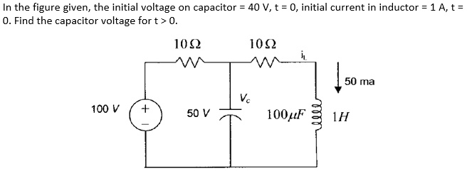 In the figure given, the initial voltage on capacitor = 40 V, t = 0, initial current in inductor = 1 A, t = 0. Find the capacitor voltage for t > 0.