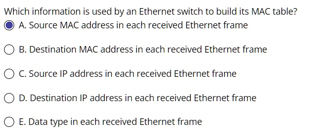 Which information is used by an Ethernet switch to build its MAC table ...