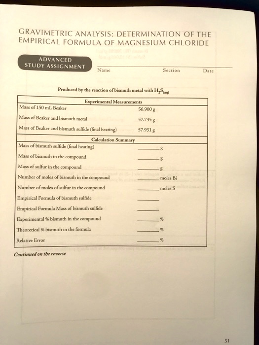 SOLVED GRAVIMETRIC ANALYSIS DETERMINATION OF THE EMPIRICAL FORMULA OF