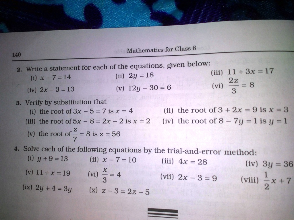 Solved Questions No 2 3 Solve It Mathematics For Class 6 140 Write A Statement For Each Of The Equations Given Below Iii 11 3x 17 1 X 7 14 Ii