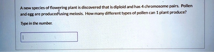 A new species of flowering plant is discovered that is diploid and has 4 chromosome pairs. Pollen and egg are produced using meiosis. How many different types of pollen can 1 plant produce?

Type in the number.
