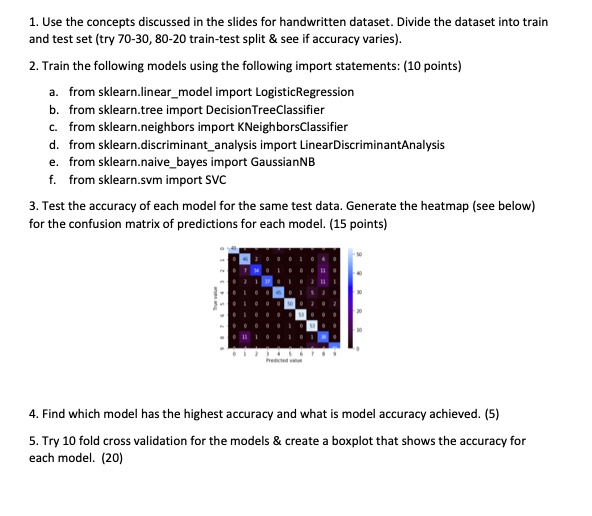 1. Use the concepts discussed in the slides for handwritten dataset. Divide the dataset into train and test set (try 70-30, 80-20 train-test split     see if accuracy varies).

2. Train the following models using the following import statements: (10 points)

a. from sklearn.linearmodel import LogisticRegression
b. from sklearn.tree import DecisionTreeClassifier
c. from sklearn.neighbors import KNeighborsClassifier
d. from sklearn.discriminantanalysis import LinearDiscriminantAnalysis
e. from sklearn.naivebayes import GaussianNB
f. from sklearn.svm import SVC

3. Test the accuracy of each model for the same test data. Generate the heatmap (see below) for the confusion matrix of predictions for each model. (15 points)

4. Find which model has the highest accuracy and what is model accuracy achieved. (5)

5. Try 10 fold cross validation for the models     create a boxplot that shows the accuracy for each model. (20)