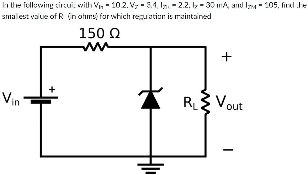 In the following circuit with Vin = 10.2, VZ = 3.4, IZK = 2.2, IZ = 30 mA, and IZM = 105, find the smallest value of RL (in ohms) for which regulation is maintained
150 ?
+
Vin +
RL Vout
–