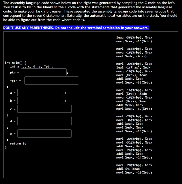 The assembly language code shown below on the right was generated by ...