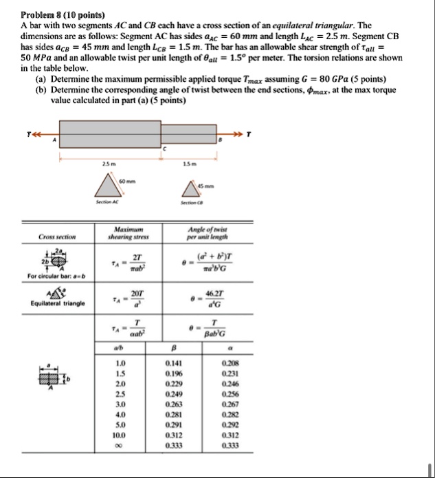 problem 8 10 points a bar with two segments ac and cb each have a cross section of an equilateral triangular the dimensions are as follows segment ac has sides aac 60 mm and length lac 25  32012