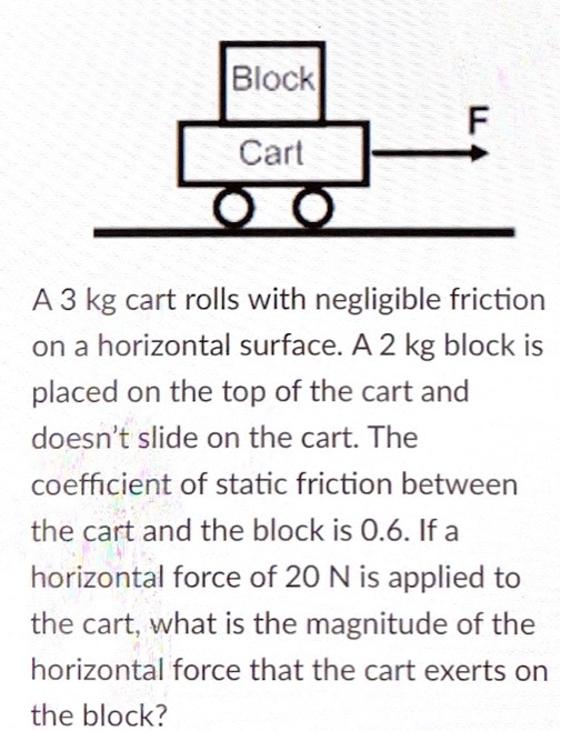 Block Carl A 3 kg cart rolls with negligible friction on horizontal