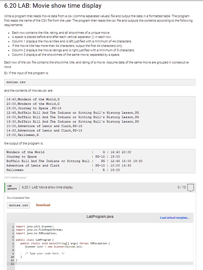 Program Coding For Movie Box 620 lab movie show time display write a program that reads...