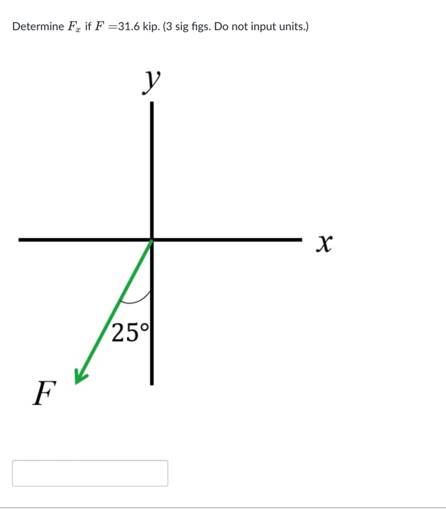 Determine ( Fx ) if ( F=31.6 ) kip. (3 sig figs. Do not input units.)