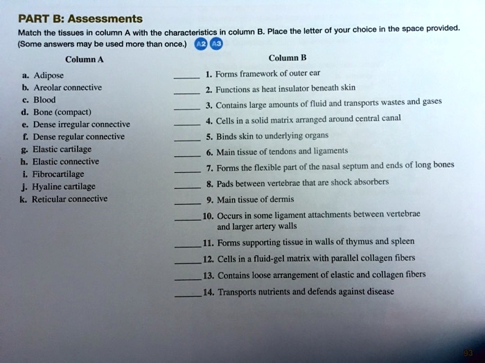 SOLVED PART B Assessments Place the letter of your choice in the