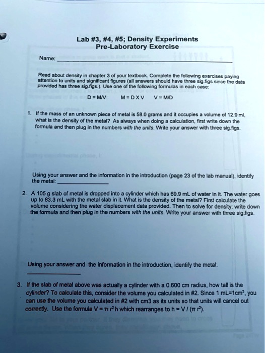 Solved Lab 3 4 5 Density Experiments Pre Laboratory Exercise Name Read About Density In Chapter Of Your Lexlbook Complete Ine Lolloxng Exercises Paying Attention Unlts And Significant Fiqures All Answers Should Have