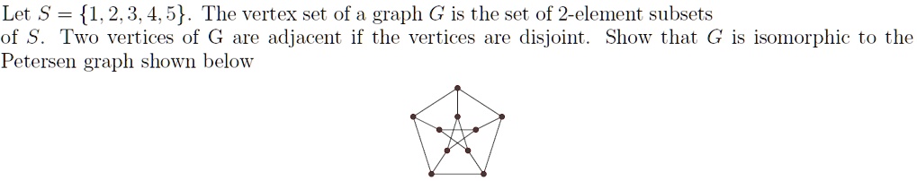 Let S = 1, 2, 3, 4, 5. The vertex set of a graph G is the set of 2-element subsets of S. Two vertices of G are adjacent if the vertices are disjoint. Show that G is isomorphic to the Petersen graph shown below