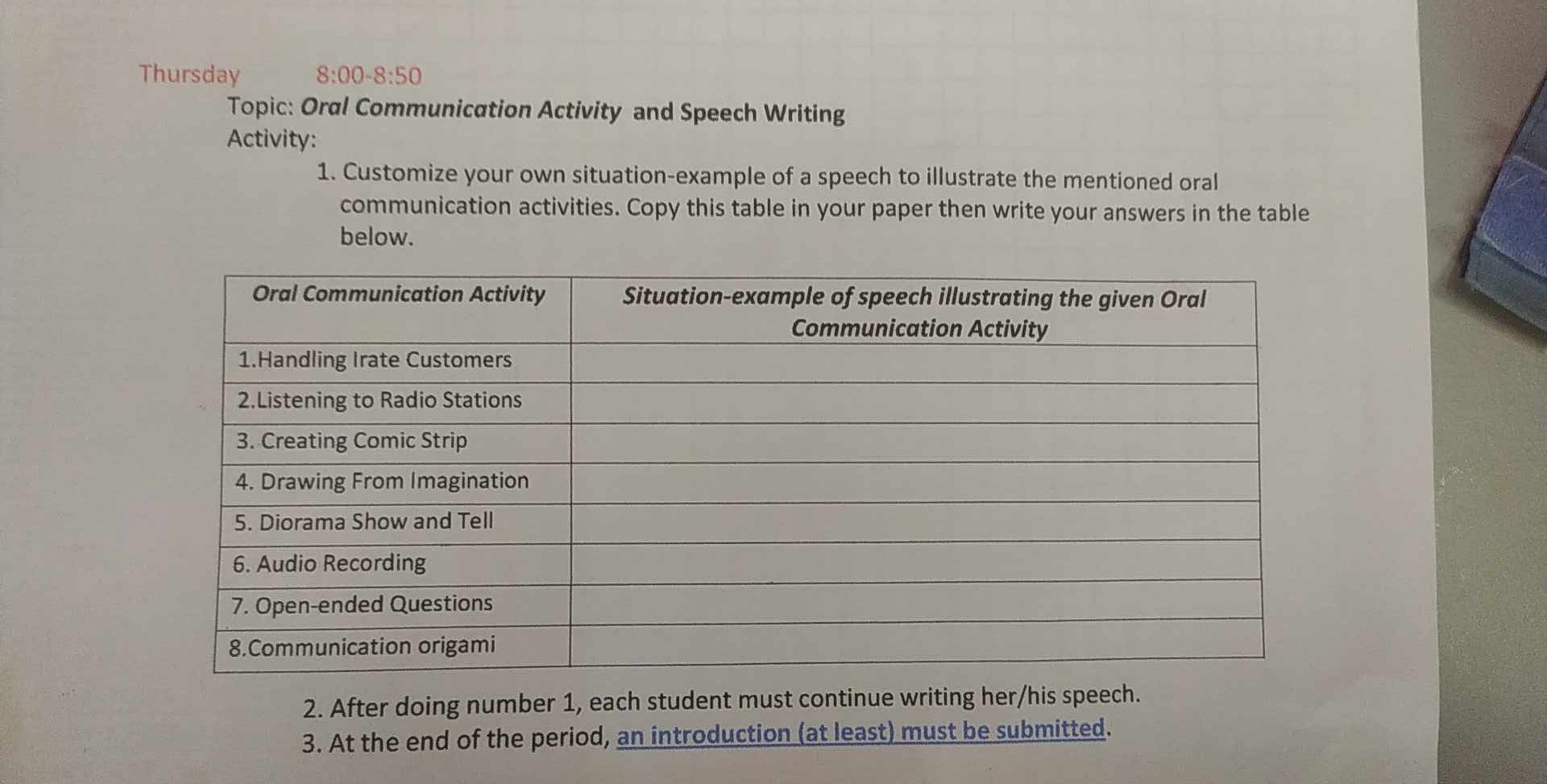 SOLVED Thursday 8 008 50 Topic Oral Communication Activity and