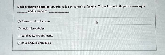 Both prokaryotic and eukaryotic cells can contain a flagella. The eukaryotic flagella is missing a
 and is made of 

filament, microfilaments
hook, microtubules
basal body, microfilaments
basal body, microtubules