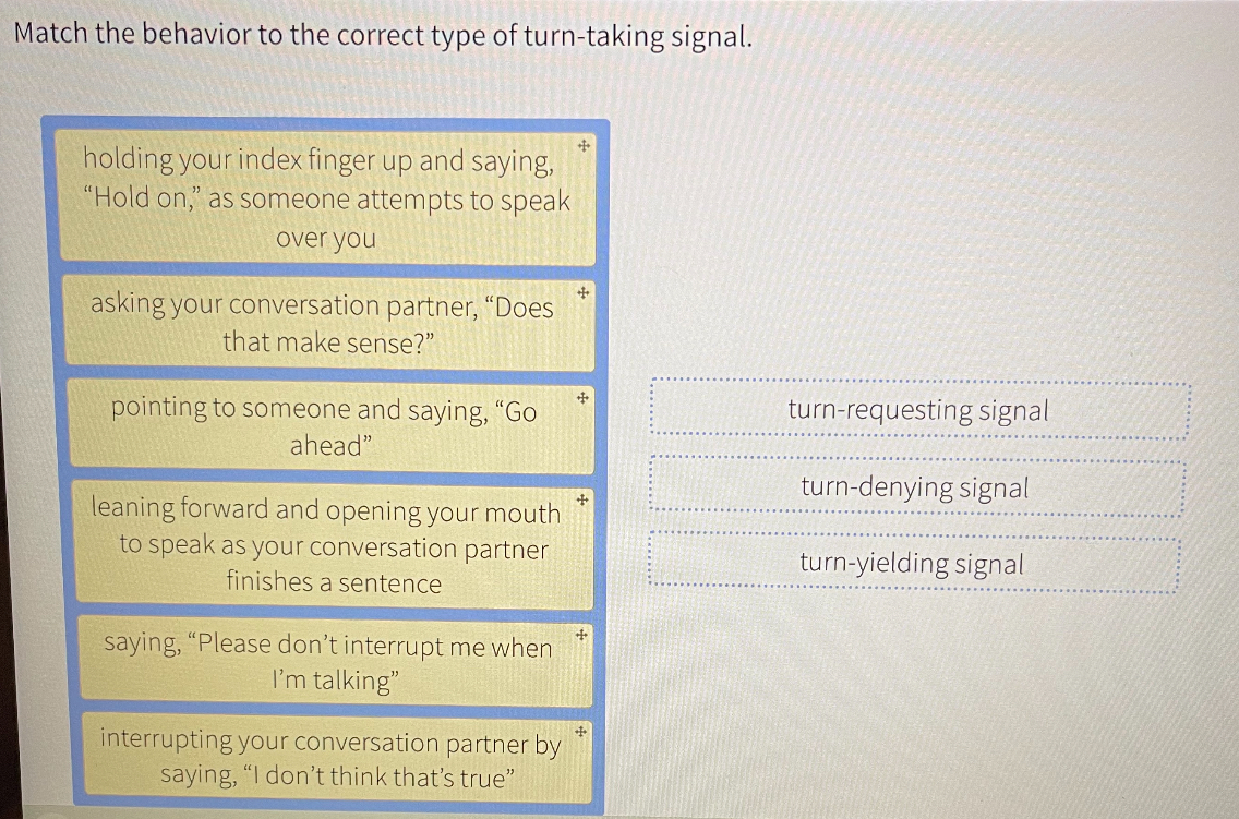 Match the behavior to the correct type of turn-taking signal.
holding your index finger up and saying, "Hold on," as someone attempts to speak over you
asking your conversation partner, "Does that make sense?"
pointing to someone and saying, "Go ahead"
leaning forward and opening your mouth to speak as your conversation partner finishes a sentence
saying, "Please don't interrupt me when I'm talking"
interrupting your conversation partner by saying, "I don't think that's true"
turn-requesting signal
turn-denying signal
turn-yielding signal
