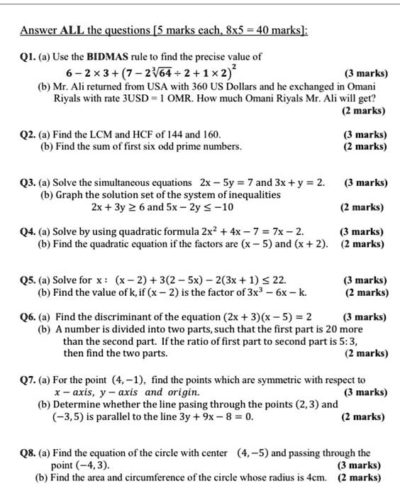 Solved Answer All The Questions S Marks Cach 8x5 A0marksl Qi A Use The Bidmas Rule To Find The Precise Value Of 6 2 X3 7 2164 2 1 2 Marks B Mr