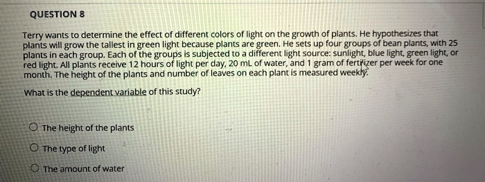 Terry wants to determine the effect of different colors of light on the growth of plants. He hypothesizes that plants will grow the tallest in green light because plants are green. He sets up four groups of bean plants, with 25 plants in each group. Each of the groups is subjected to a different light source: sunlight, blue light, green light, or red light. All plants receive 12 hours of light per day, 20 mL of water, and 1 gram of fertilizer per week for one month. The height of the plants and number of leaves on each plant is measured weekly.

What is the dependent variable of this study?

The height of the plants
The type of light
The amount of water