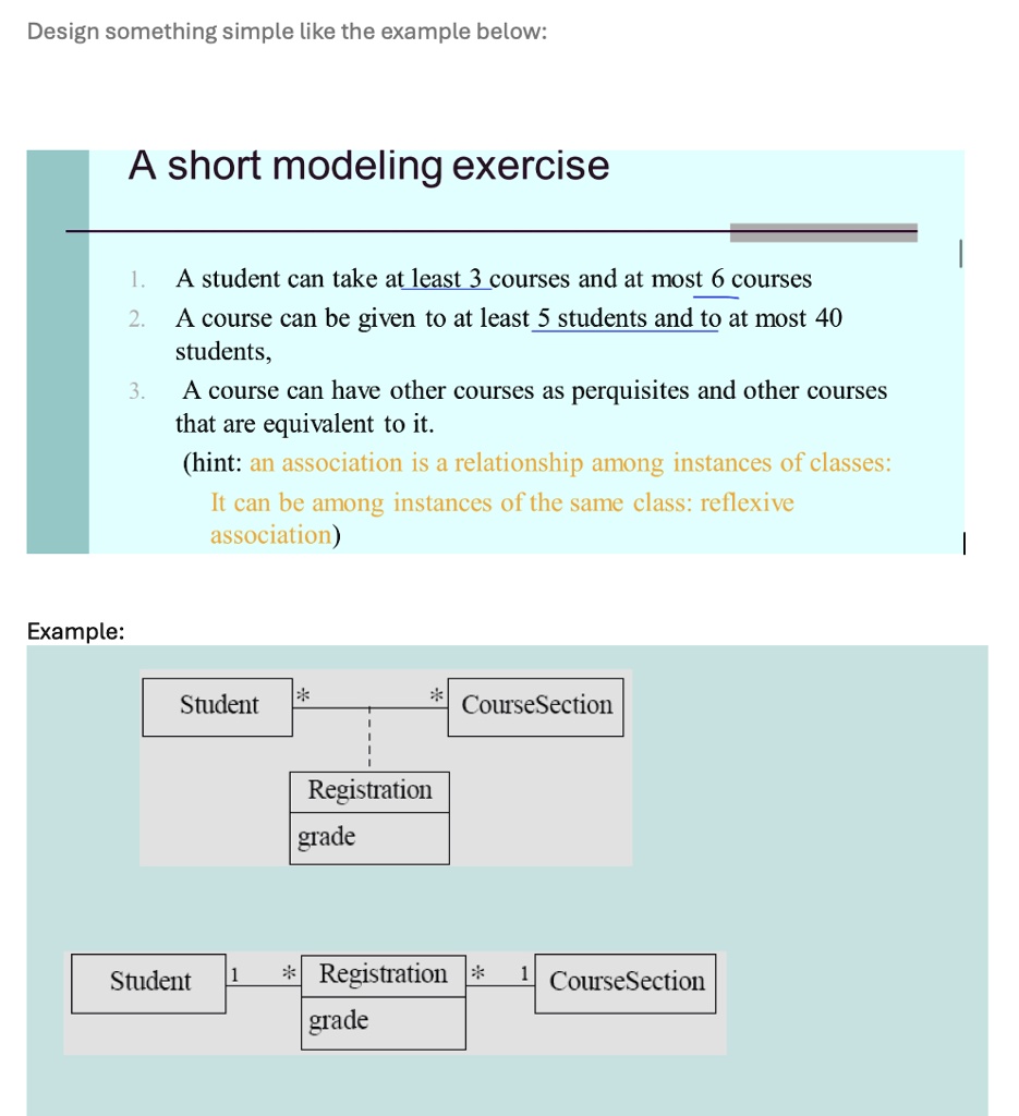 Design something simple like the example below:
A short modeling exercise
1.
A student can take at least 3 courses and at most 6 courses
2.
A course can be given to at least 5 students and to at most 40
students,
3.
A course can have other courses as perquisites and other courses
that are equivalent to it.
(hint: an association is a relationship among instances of classes:
It can be among instances of the same class: reflexive
association)
Example:
Student
*
*
CourseSection
Student
1
Registration
grade
* Registration * 1 CourseSection
grade