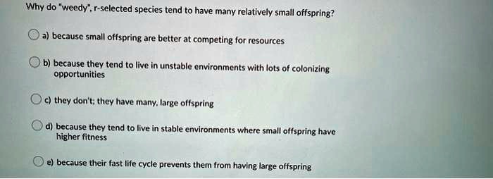 Why do "weedy", r-selected species tend to have many relatively small offspring?
a) because small offspring are better at competing for resources
b) because they tend to live in unstable environments with lots of colonizing opportunities
c) they don't; they have many, large offspring
d) because they tend to live in stable environments where small offspring have higher fitness
e) because their fast life cycle prevents them from having large offspring