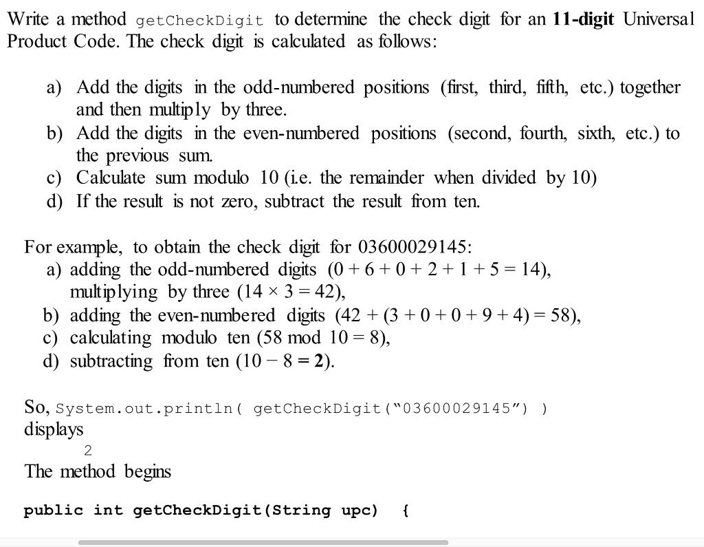 SOLVED: Write a method getCheckDigit to determine the check digit for ...