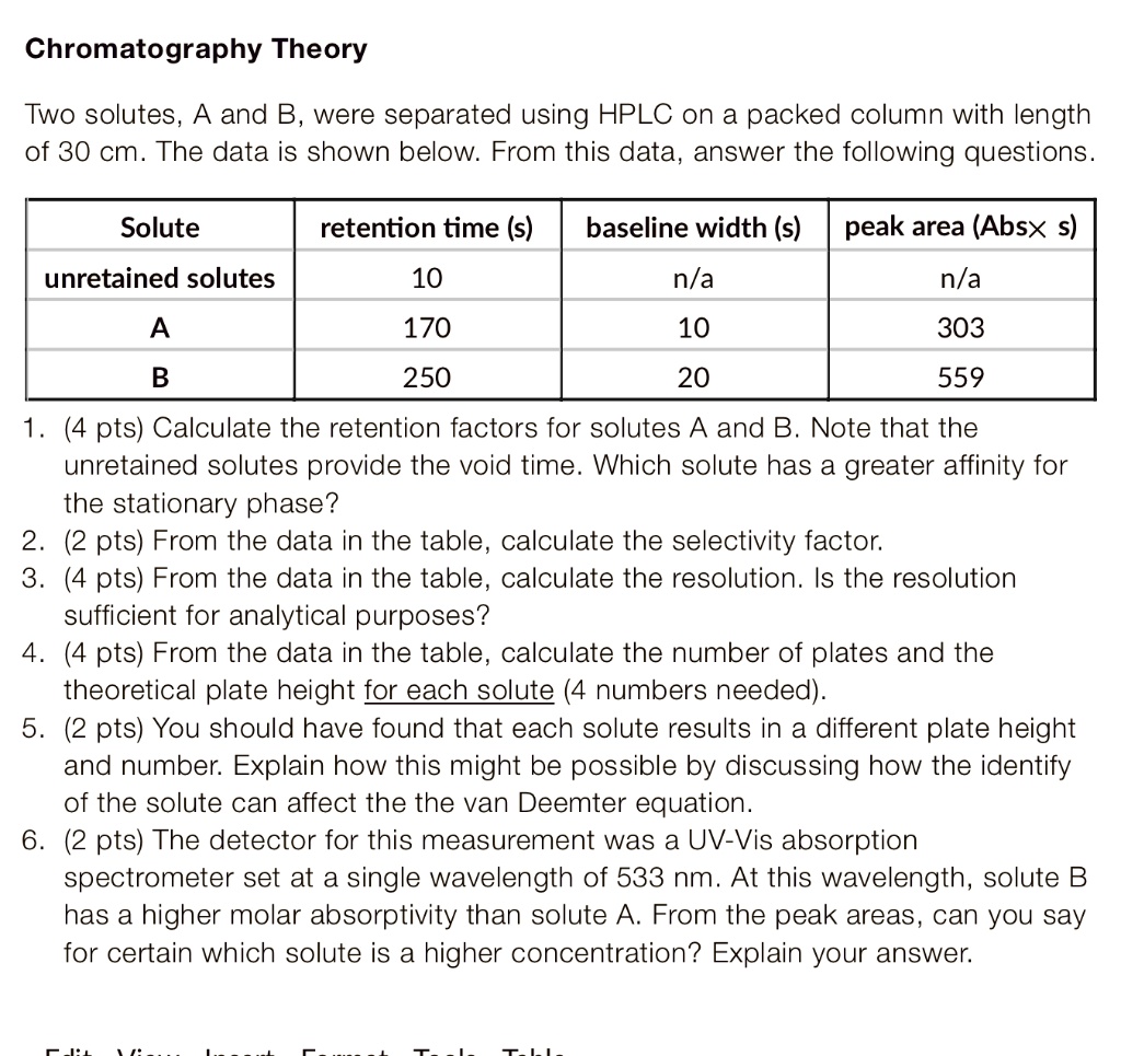 SOLVED:Chromatography Theory Two Solutes, A And B, Were Separated Using ...