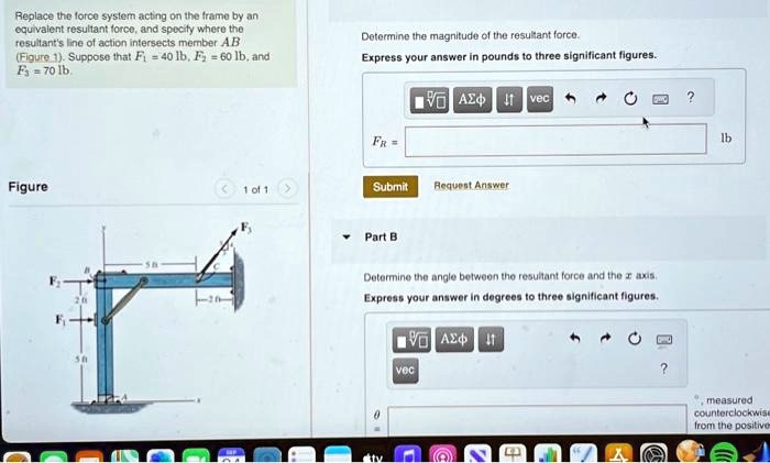 replace the force system acting on the frame by an equivalent resultant force and specify where the resultants line of action intersects member ab figure 1 suppose that f1 40 lb f2 60 lb and 72519