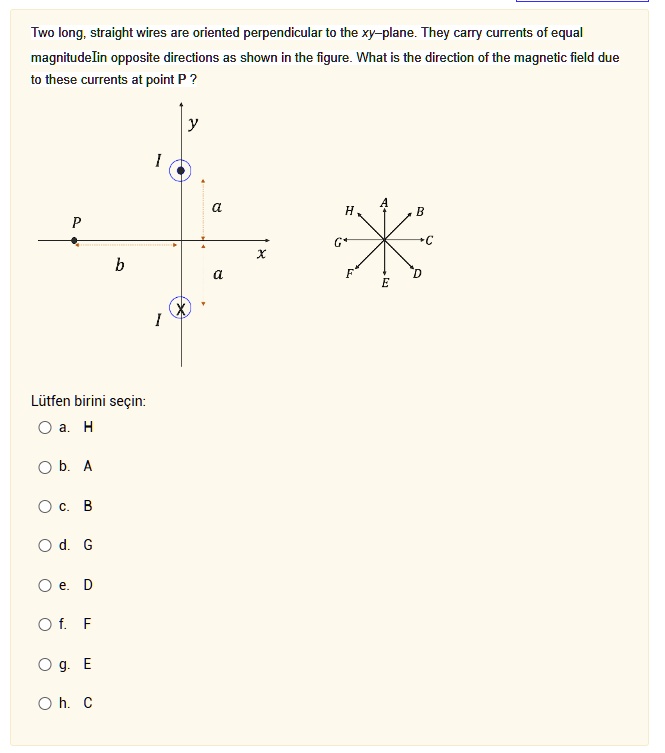 two long straight wires are oriented perpendicular to the xy plane they carry currents of equal magnitude in opposite directions as shown in the figure what is the direction of the magnetic  10703