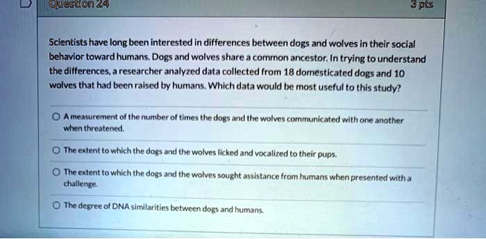 Scientists have long been interested in differences between dogs and wolves in their social behavior toward humans. Dogs and wolves share a common ancestor. In trying to understand the differences, a researcher analyzed data collected from 18 domesticated dogs and 10 wolves that had been raised by humans. Which data would be most useful to this study?

A measurement of the number of times the dogs and the wolves communicated with one another when threatened.
The extent to which the dogs and the wolves licked and vocalized to their pups.
The extent to which the dogs and the wolves sought assistance from humans when presented with a challenge.
The degree of DNA similarities between dogs and humans.