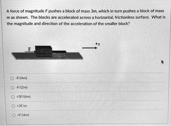 SOLVED: A force of magnitude F pushes a block of mass 3m, which in turn ...