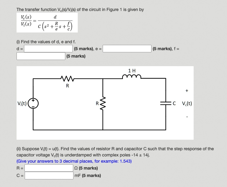 The transfer function Vc(s)/Vi(s) of the circuit in Figure 1 is given by
fracVc(s)Vi(s) = fracdC(s^2 + fracRes + fracfc)
(i) Find the values of d, e and f.
d = (5 marks), e = (5 marks), f = (5 marks)
(ii) Suppose Vi(t) = u(t). Find the values of resistor R and capacitor C such that the step response of the capacitor voltage Vc(t) is underdamped with complex poles -14 ± 14j.
(Give your answers to 3 decimal places, for example: 1.543)
R = ? (5 marks)
C = mF (5 marks)