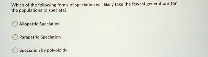 Which of the following forms of speciation will likely take the fewest generations for the populations to speciate?

Allopatric Speciation
Parapatric Speciation
Speciation by polyploidy