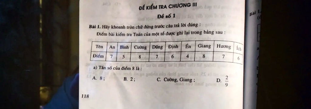 ?? KI?M TRA CH??NG III
?? s? 1
Bài 1. Hãy khoanh tròn ch? ??ng tr??c câu tr? l?i ?úng :
?i?m bài ki?m tra Toán c?a m?t t? ???c ghi l?i trong b?ng sau:
Tên
?i?m
An
7
Bình
C??ng
D?ng
??nh
Én
Giang
H??ng
Ích
5
8
7
6
4
8
7
6
a) T?n s? c?a ?i?m 8 là :
A. 8;
B. 2;
C. C??ng, Giang;
D. (2)/(9)