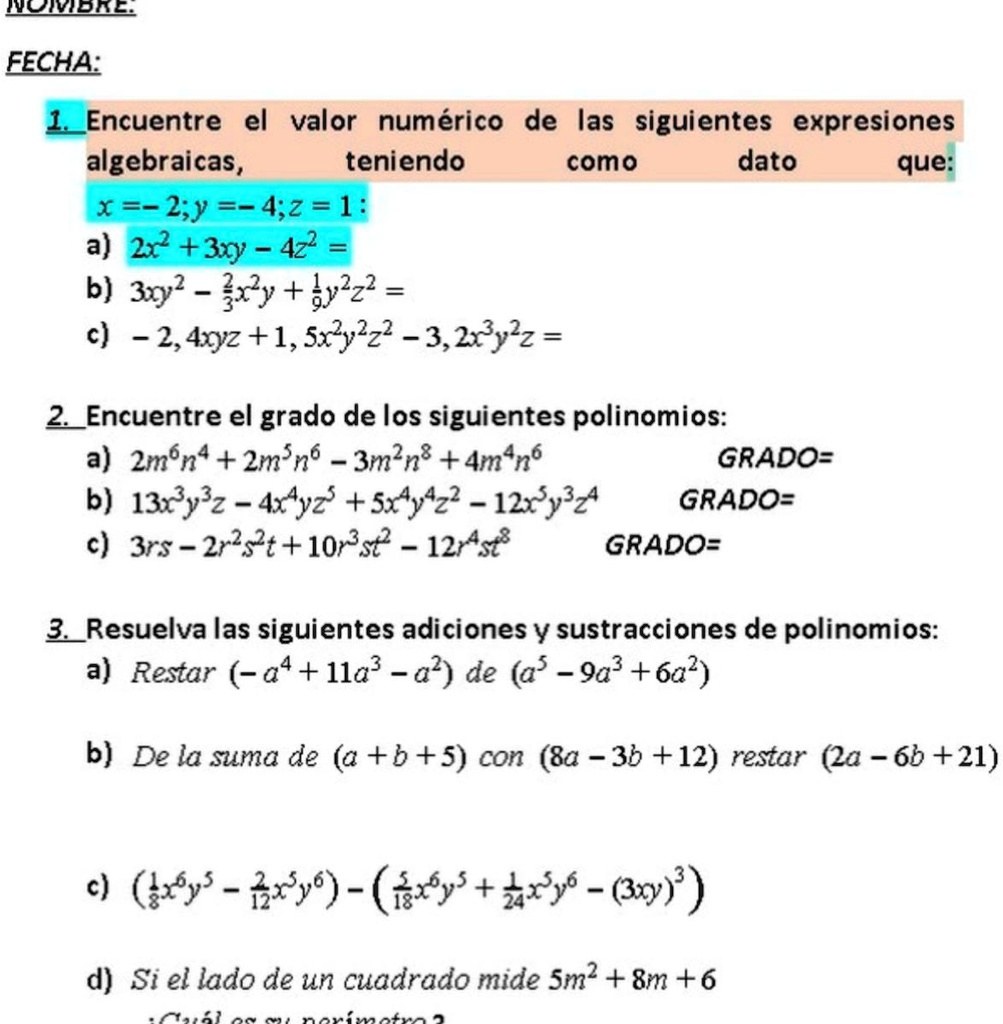 Solved Alguien Me Puede Ayudar Es Para Hoy Mismo Gracias Eeae Fecha 1 Encuentre El Valor Numerico De Las Siguientes Expresiones Algebraicas Teniendo Como Dato Que X 2 Y A 2