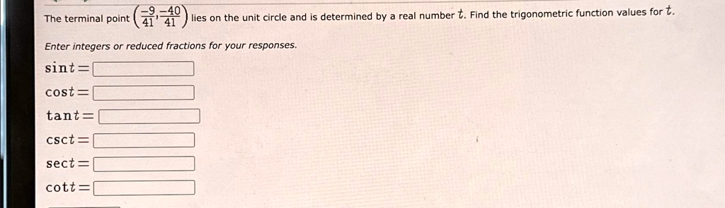 the terminal point frac941 frac4041 lies on the unit circle and is determined by a real number t find the trigonometric function values for t enter integers or reduced fractions for your res 31087