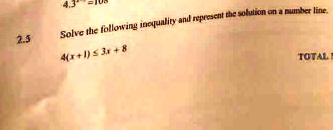 2.5
Solve the following inequality and represent the solution on a number line.
4(x+1)?3x+8