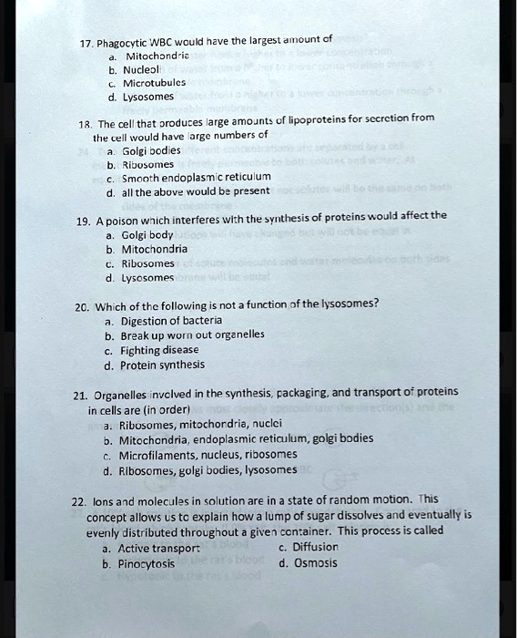 17. Phagocytic WBC would have the largest amount of
a. Mitochondria
b. Nucleoli
c. Microtubules
d. Lysosomes
18. The cell that produces large amounts of lipoproteins for secretion from
the cell would have large numbers of
a. Golgi bodies
b. Ribosomes
c. Smooth endoplasmic reticulum
d. all the above would be present
19. A poison which interferes with the synthesis of proteins would affect the
a. Golgi body
b. Mitochondria
c. Ribosomes
d. Lysosomes
20. Which of the following is not a function of the lysosomes?
a. Digestion of bacteria
b. Break up worn out organelles
c. Fighting disease
d. Protein synthesis
21. Organelles involved in the synthesis, packaging, and transport of proteins
in cells are (in order)
a. Ribosomes, mitochondria, nuclei
b. Mitochondria, endoplasmic reticulum, golgi bodies
c. Microfilaments, nucleus, ribosomes
d. Ribosomes, golgi bodies, lysosomes
22. Ions and molecules in solution are in a state of random motion. This
concept allows us to explain how a lump of sugar dissolves and eventually is
evenly distributed throughout a given container. This process is called
a. Active transport
c. Diffusion
b. Pinocytosis
d. Osmosis