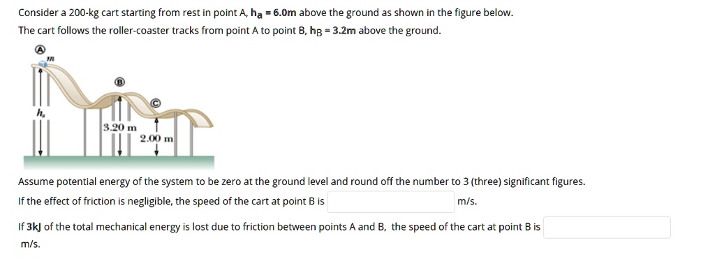 Consider a 200-kg cart starting from rest in point A, ha = 6.0m above the ground as shown in the figure below. The cart follows the roller-coaster tracks from point A to point B, hB = 3.2m above the ground. Assume potential energy of the system to be zero at the ground level and round off the number to 3 (three) significant figures. If the effect of friction is negligible, the speed of the cart at point B is m/s. If 3kJ of the total mechanical energy is lost due to friction between points A and B, the speed of the cart at point B is m/s.
