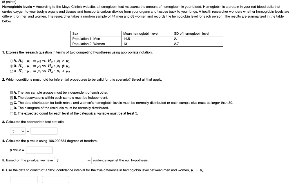 SOLVED: Points) Hemoglobin levels According to the Mayo Clinic's ...