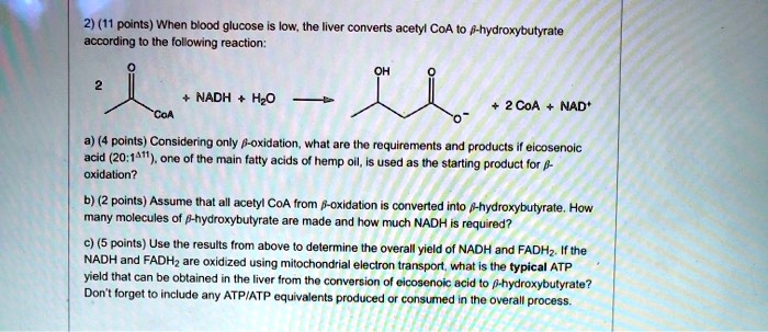 2) (11 points) When blood glucose is low, the liver converts acetyl CoA to ?-hydroxybutyrate
according to the following reaction:
2
+ NADH + H?O ?
CoA
OH
O
+ 2 CoA + NAD?
a) (4 points) Considering only ?-oxidation, what are the requirements and products if eicosenoic
acid (20:1?¹¹), one of the main fatty acids of hemp oil, is used as the starting product for ?-
oxidation?
b) (2 points) Assume that all acetyl CoA from ?-oxidation is converted into ?-hydroxybutyrate. How
many molecules of ?-hydroxybutyrate are made and how much NADH is required?
c) (5 points) Use the results from above to determine the overall yield of NADH and FADH?. If the
NADH and FADH? are oxidized using mitochondrial electron transport, what is the typical ATP
yield that can be obtained in the liver from the conversion of eicosenoic acid to ?-hydroxybutyrate?
Don't forget to include any ATP/ATP equivalents produced or consumed in the overall process.