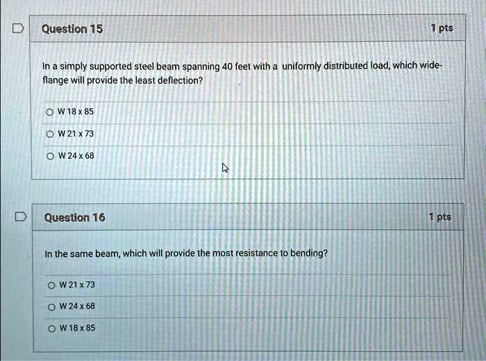 SOLVED: D Questlon 15 1pts In a simply supported steel beam spanning 40 ...