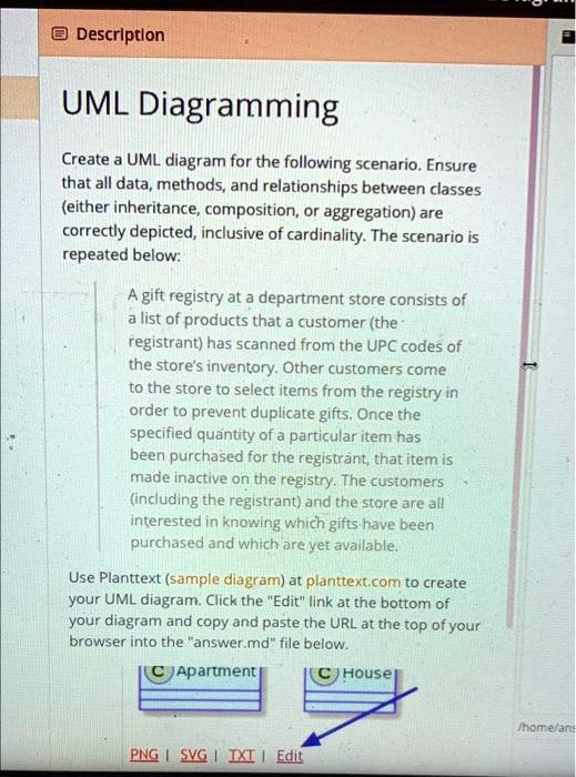 SOLVED: Description UML Diagramming: Create a UML diagram for the ...
