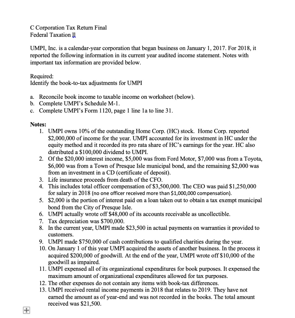 SOLVED C Corporation Tax Return Final Federal Taxation II UMPI, Inc