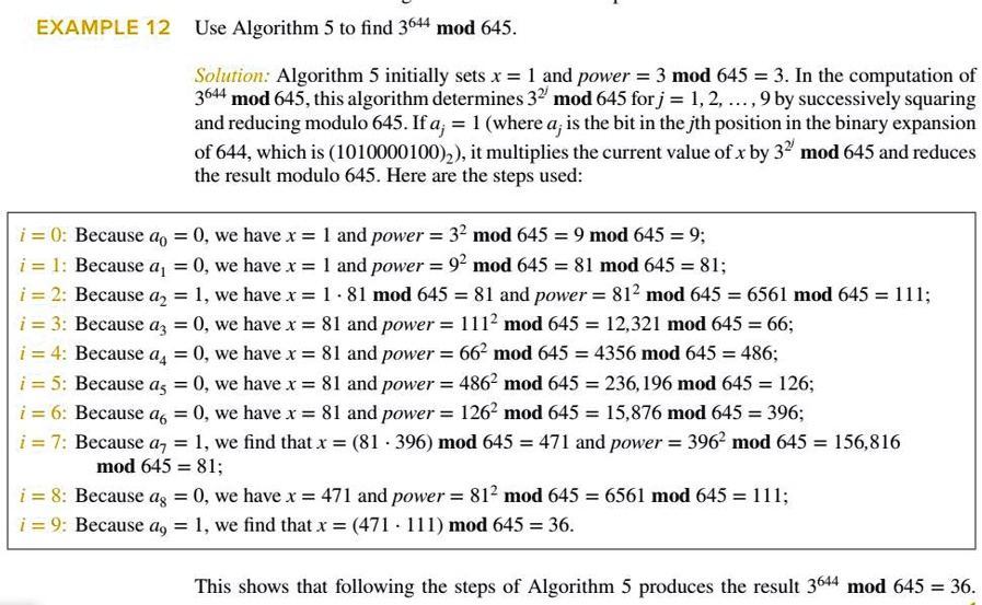 Algorithm Using Mod use the modular exponentiation algorithm 5 on page 253 to calculate ab ...
