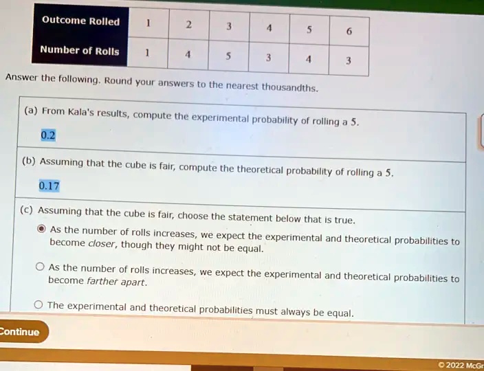 Outcome Rolled
1
2
3
4
5
6
Number of Rolls
1
4
5
3
4
3
Answer the following. Round your answers to the nearest thousandths.
(a) From Kala's results, compute the experimental probability of rolling a 5.
0.2
(b) Assuming that the cube is fair, compute the theoretical probability of rolling a 5.
0.17
(c) Assuming that the cube is fair, choose the statement below that is true.
As the number of rolls increases, we expect the experimental and theoretical probabilities to
become closer, though they might not be equal.
As the number of rolls increases, we expect the experimental and theoretical probabilities to
become farther apart.
The experimental and theoretical probabilities must always be equal.