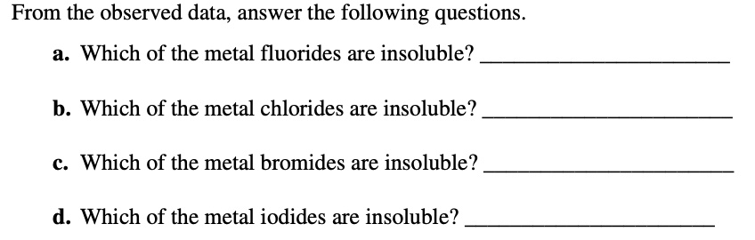 From the observed data, answer the following questions.

a. Which of the metal fluorides are insoluble?

b. Which of the metal chlorides are insoluble?

c. Which of the metal bromides are insoluble?

d. Which of the metal iodides are insoluble?