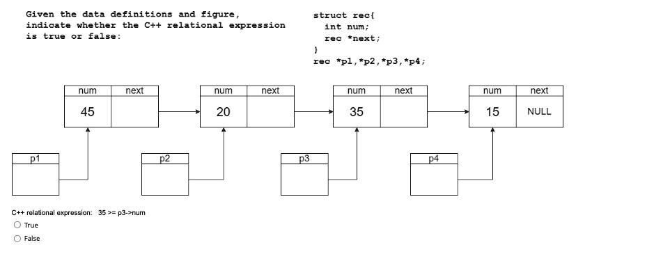 Given the data definitions and figure,
indicate whether the C++ relational expression
is true or false:
struct rec
int num;
rec *next;

rec *p1, *p2, *p3, *p4;
num
next
num
next
45
20
C++ relational expression: 35 >= p3->num
O True
O False
p2
p3
num
next
num
next
35
15
NULL
p4