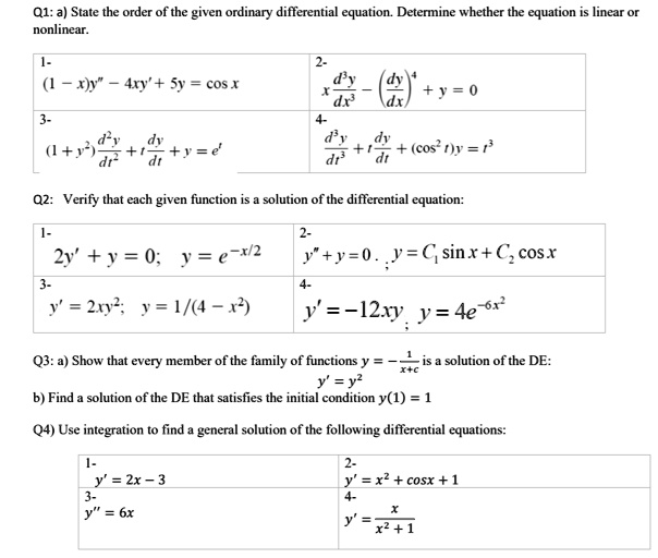 Solved Q1 A State The Order Of The Given Ordinary Differential Equation Detenine Whether The Equation Is Linear Nonlinear T 41 5 Cos D Tj 0 D1 D7 Dr